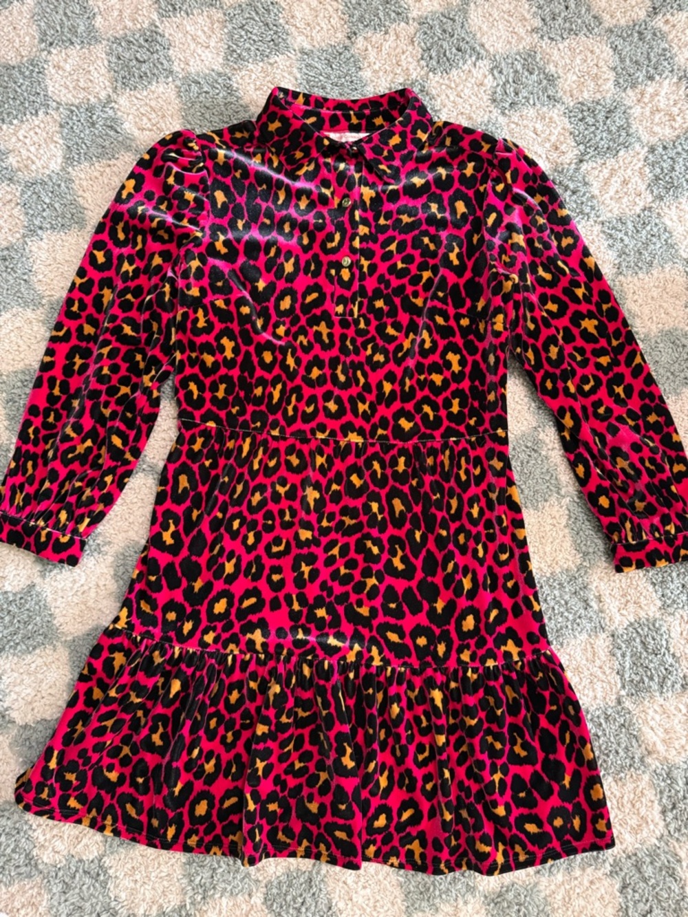 JUDE CONNALLY Pink Velvet Leopard Print Long Sleeve Mini Tiered Dress Sz Small